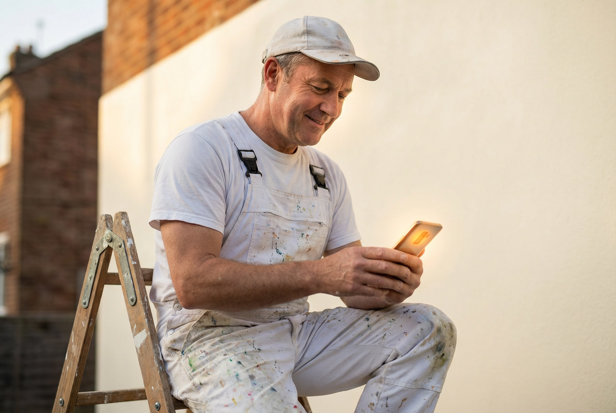 Vakman ontspannen op ladder met smartphone — UDEFLOW regelt de rest